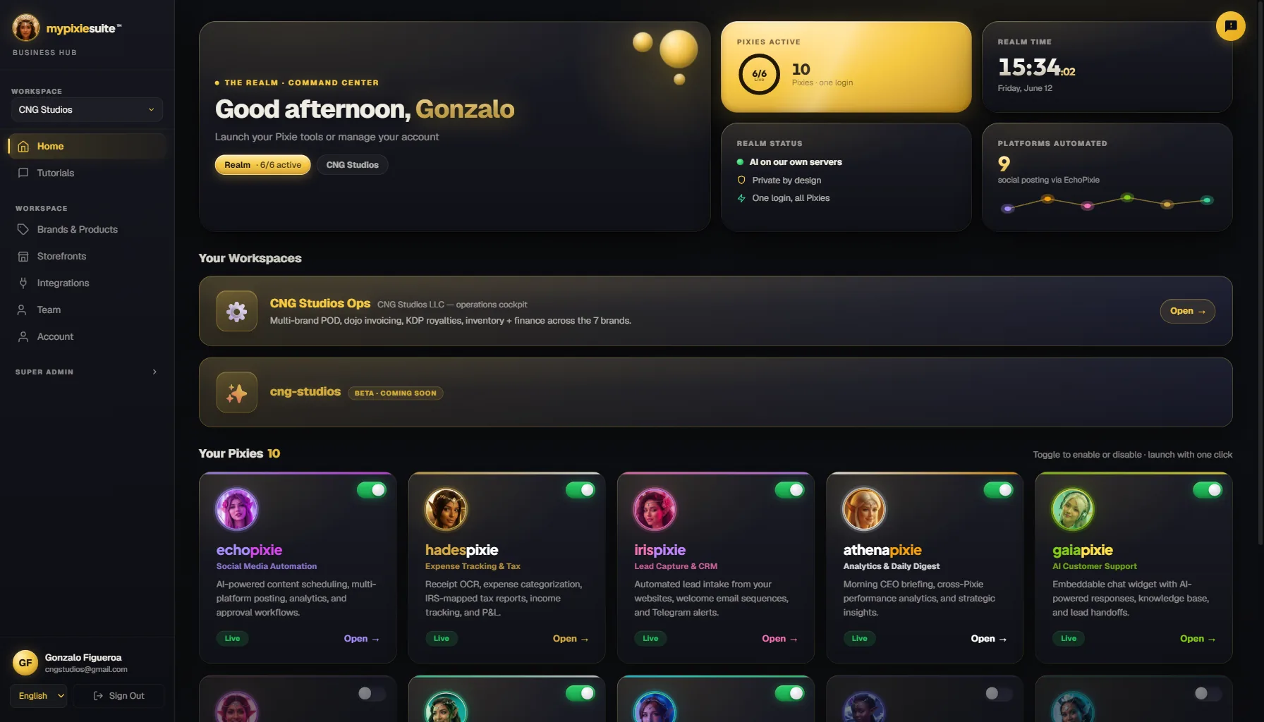 The My Pixie Suite Realm dashboard in gold and obsidian